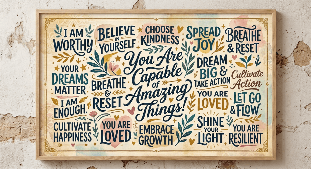 Positive affirmations including You Are Capable of Amazing Things, Believe in Yourself, and Spread Joy, displayed in colorful typography.